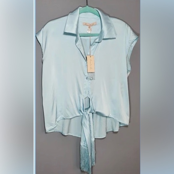 Hutch Tops - Hutch Light Blue Fringed Tie Front Cap Sleeve Button Down Blouse Size SMALL